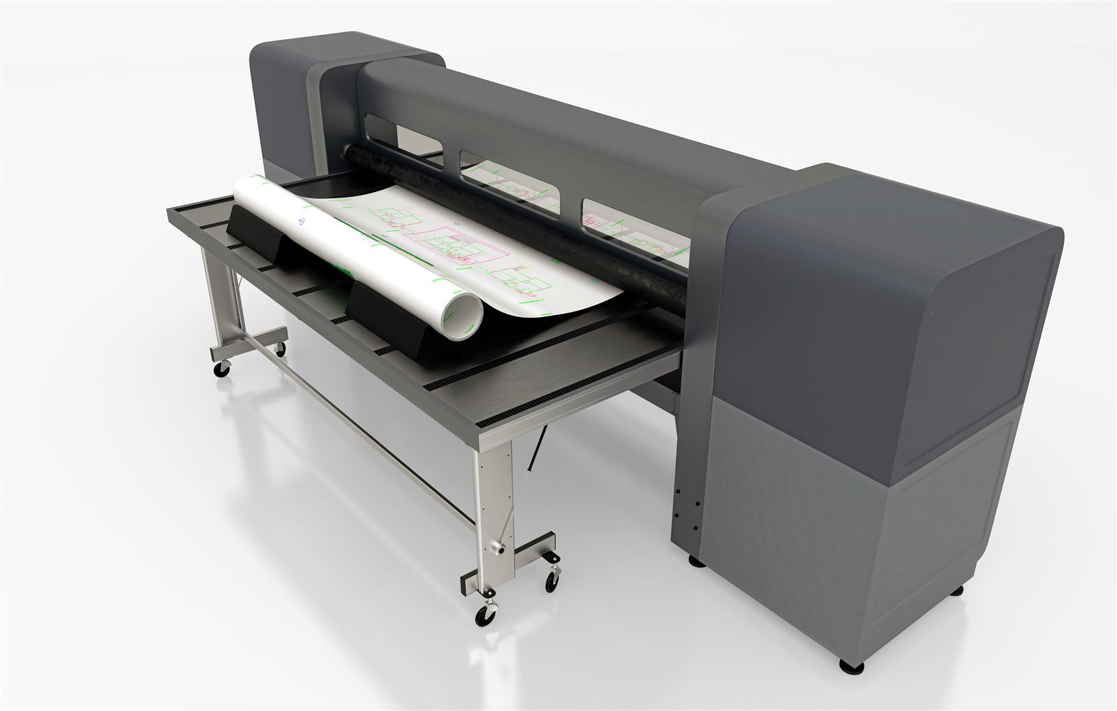 Wide-format plotter feeding a large architectural drawing