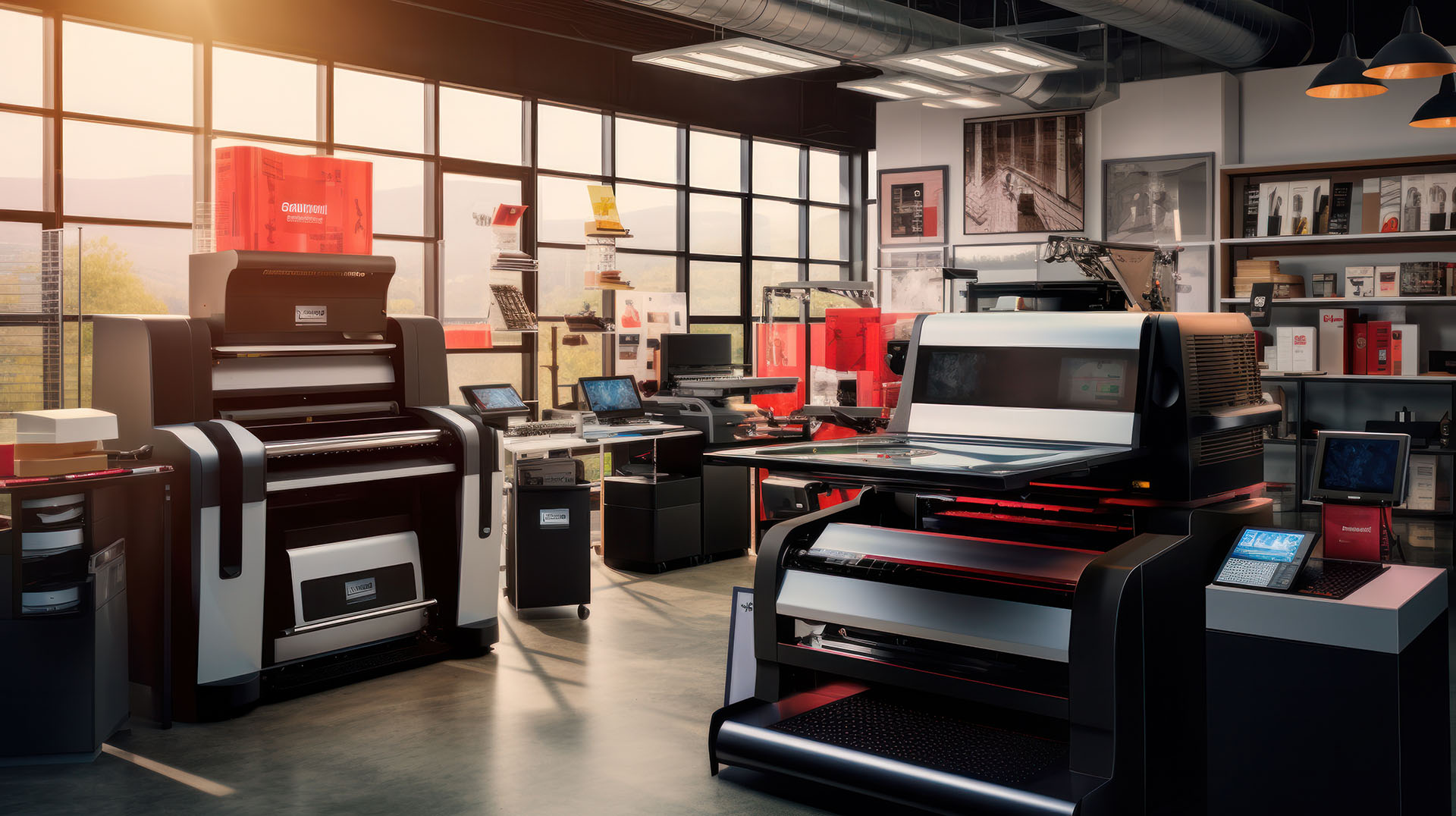 Print shop floor with wide-format printing equipment